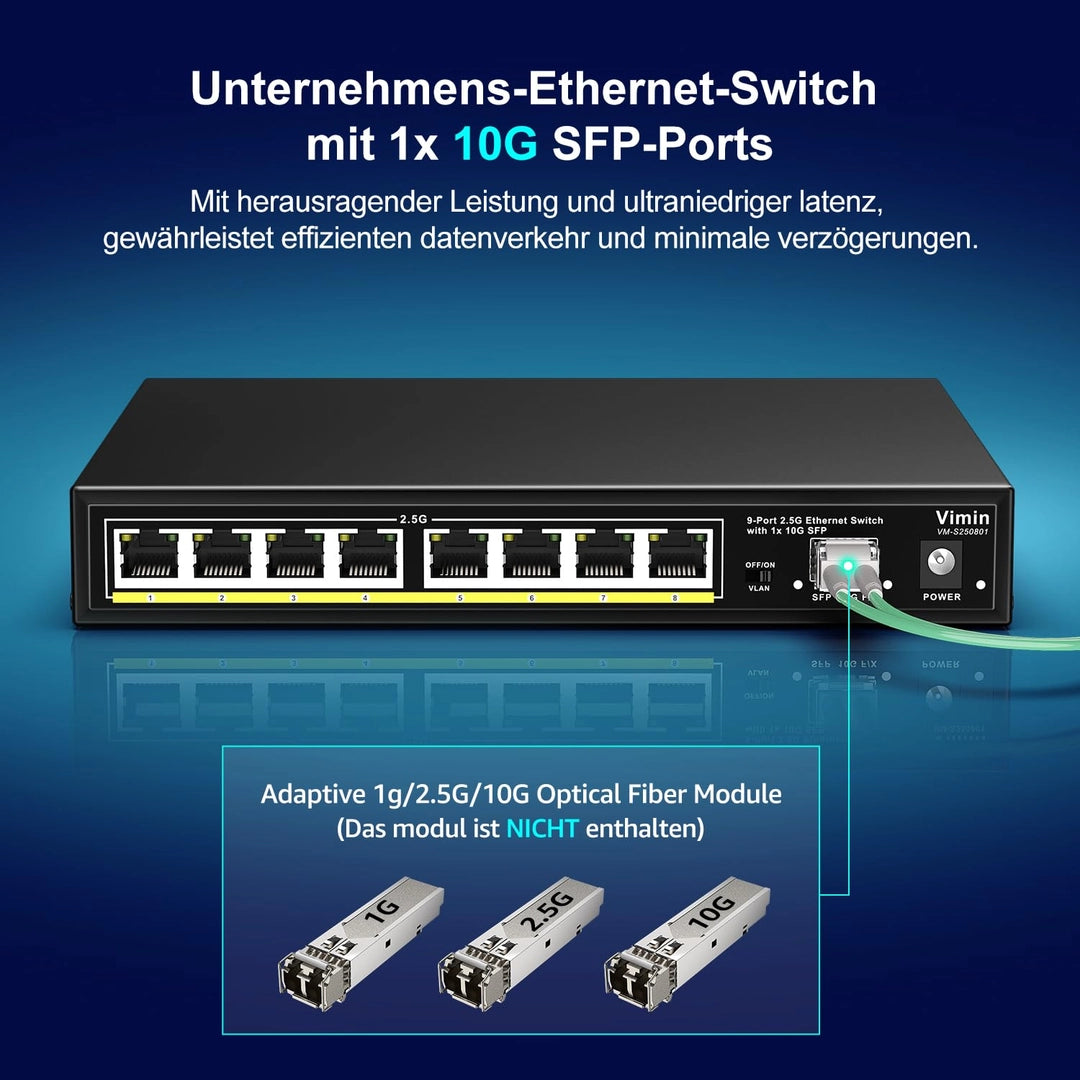 VIMIN 9-portowy switch Ethernet 2,5 G niezarządzany z 10G-SFP 8 portów 2.5G