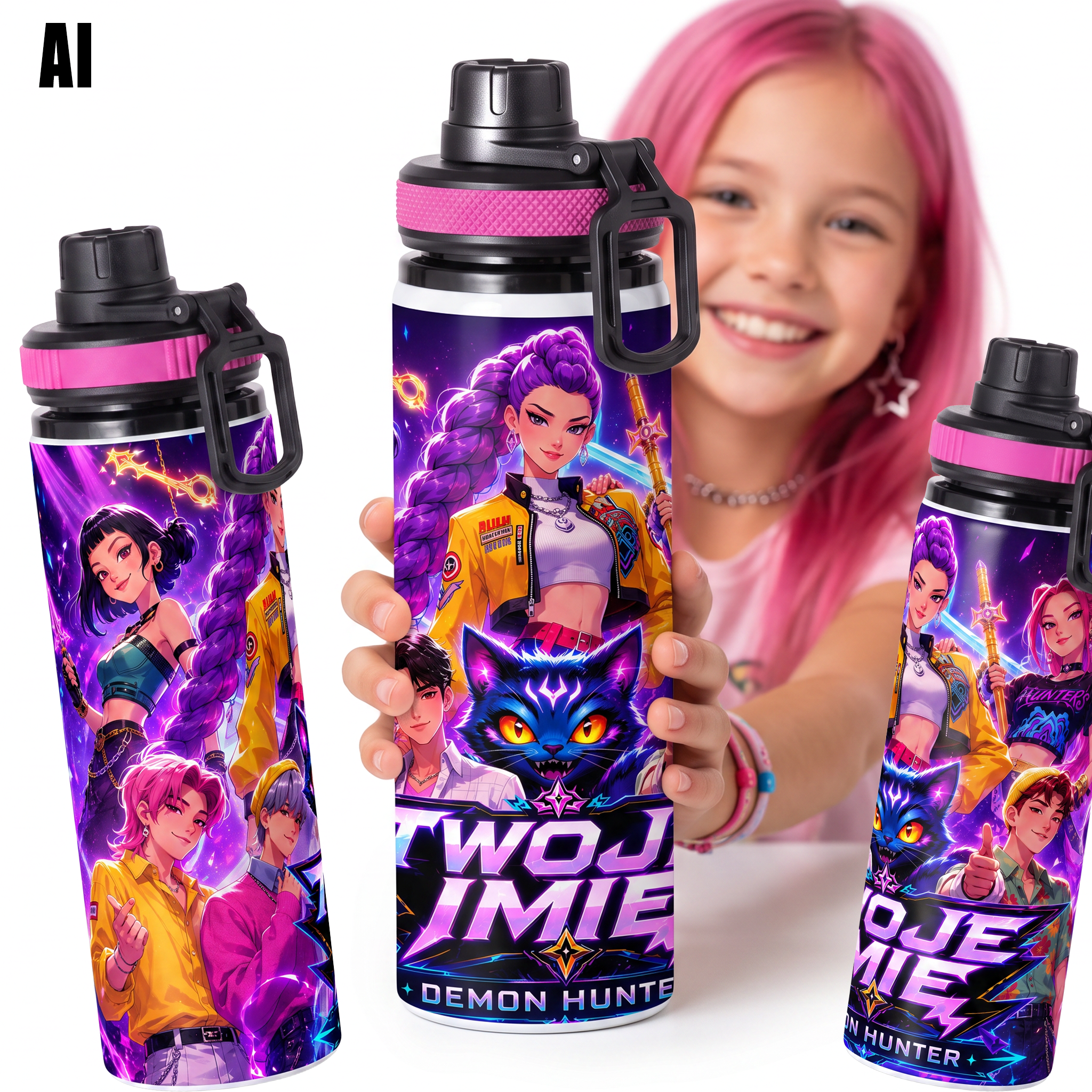 Personalizowany Bidon, Aluminiowa Butelka Dla Dzieci z Dowolnym Imieniem Dziecka - 850ml K-Popowe Łowczynie Demonów Główne zdjęcie produktu