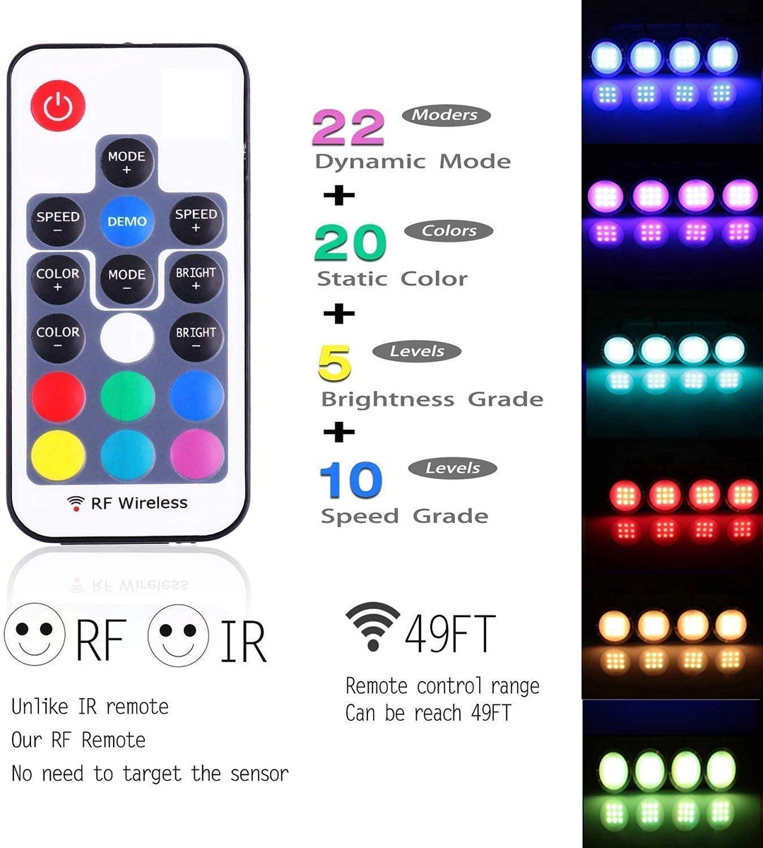 Zestaw 8 lampek LED RGB podszafkowych z pilotem 12V kolorowe