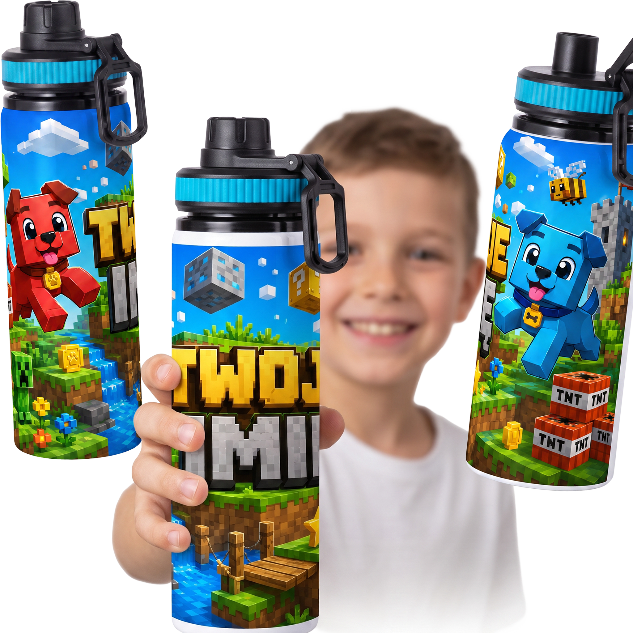 Personalizowany Bidon, Aluminiowa Butelka Dla Dzieci z Dowolnym Imieniem Dziecka - 850ml PIESKI MINECRAFT Główne zdjęcie produktu