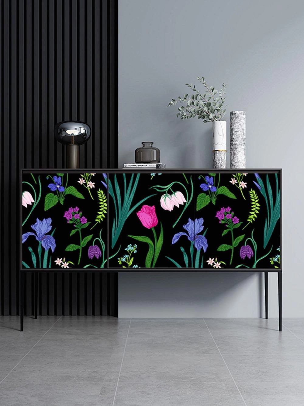 Naklejka meblowa i ścienna kwiaty vintage czarny tło 40 x 300 cm samoprzylepna