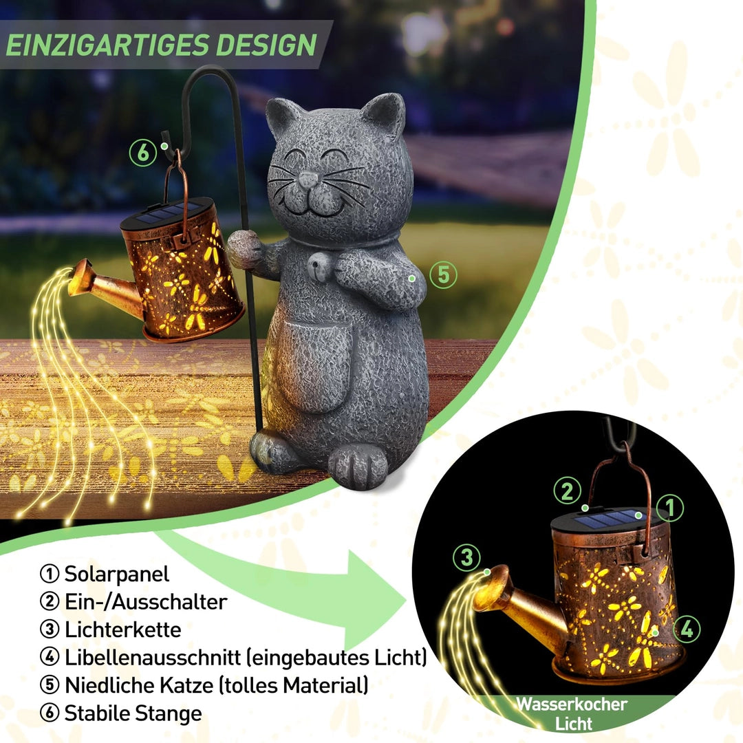 Świecąca Figurka LED Lampka Solarna Ogrodowa Zabawna Kot z Konewką