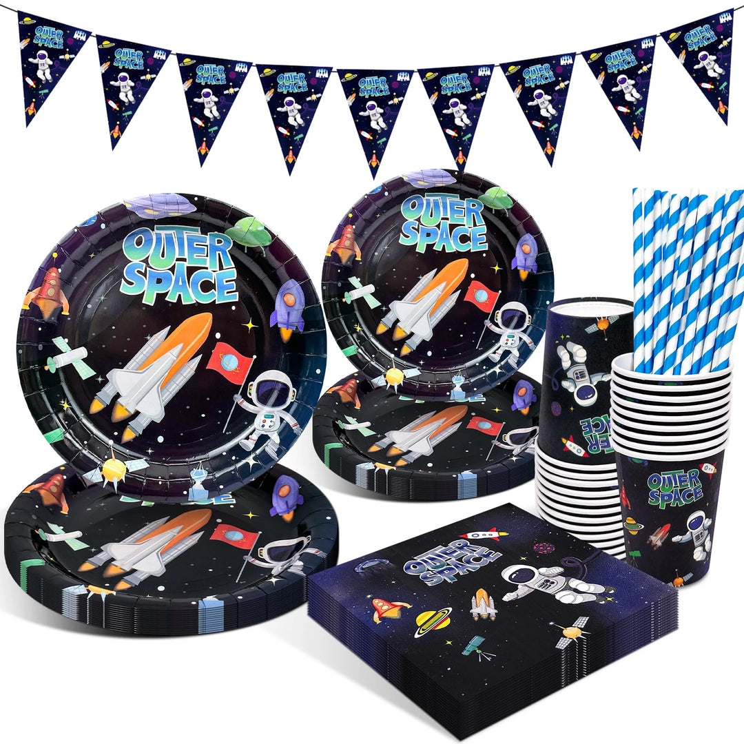 Zestaw urodzinowy kosmos OUTER SPACE – 80 elementów: talerzyki, kubki, serwetki, girlanda