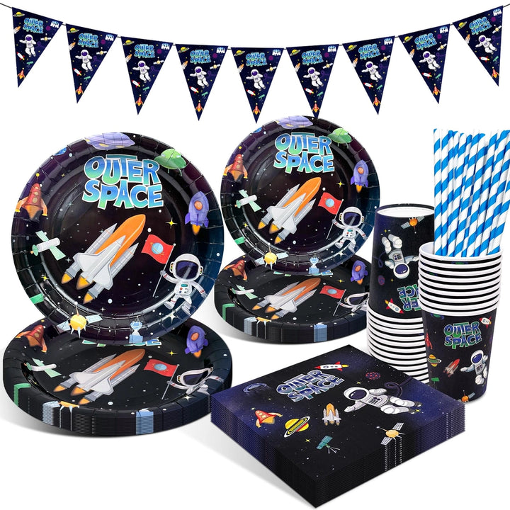 Zestaw urodzinowy kosmos OUTER SPACE – 80 elementów: talerzyki, kubki, serwetki, girlanda