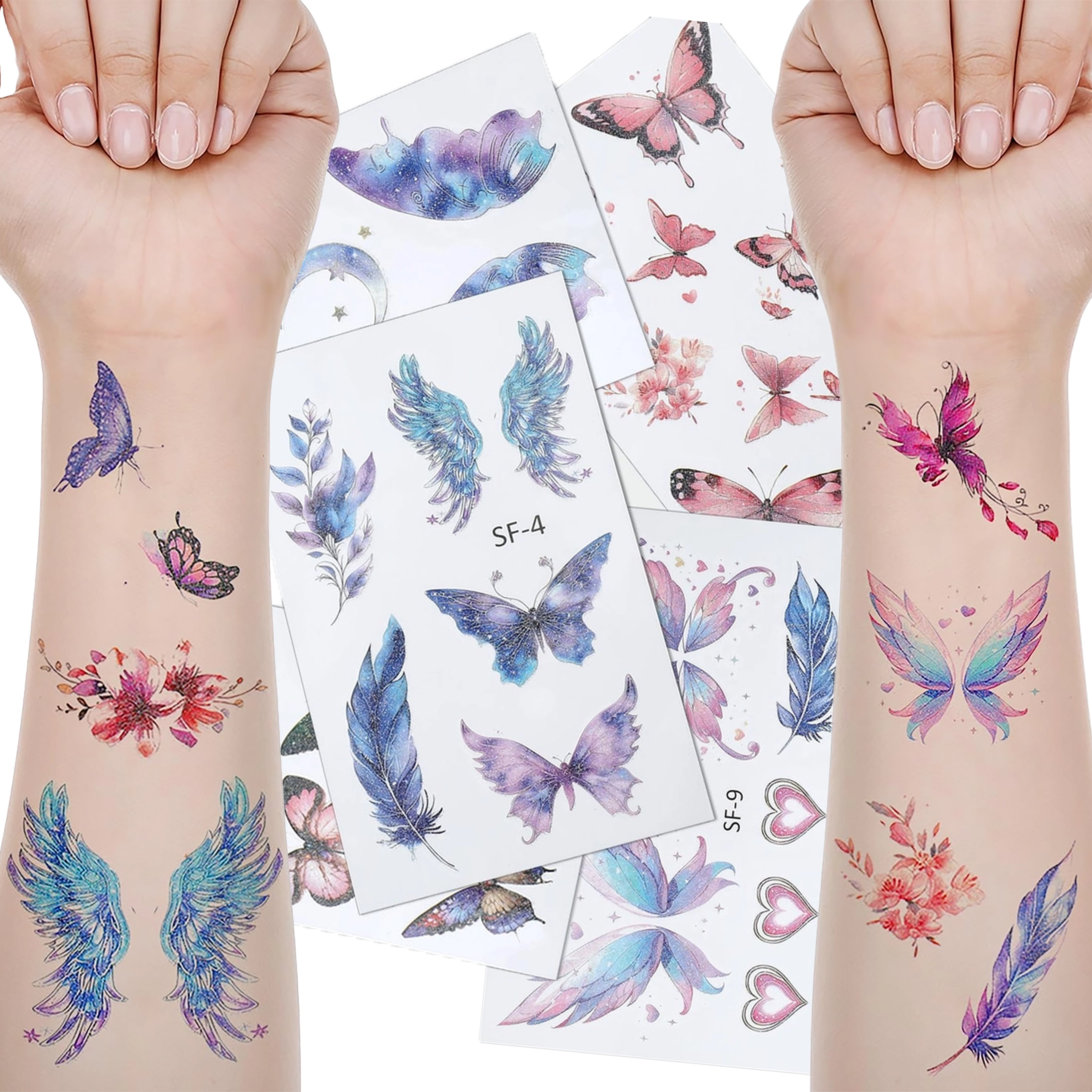 Tatuaże zmywalne zestaw 6 arkuszy tatuaży delikatne motyle skrzydła brokatowe dla dziewczynek Główne zdjęcie produktu