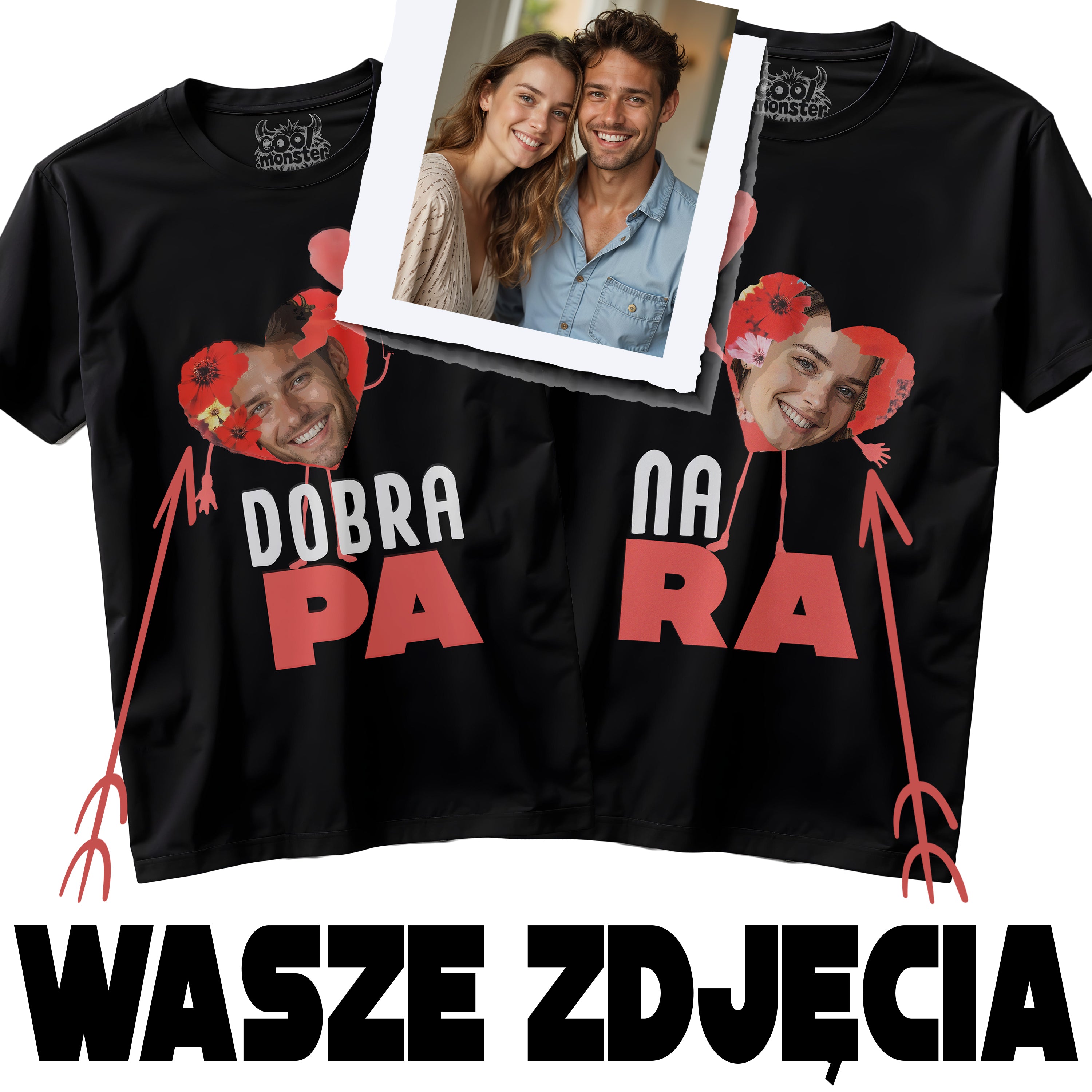 Koszulki Dla Pary Zakochanych T-Shirt Koszulka Personalizowana ze Zdjęciem - Czarna - S-2XL