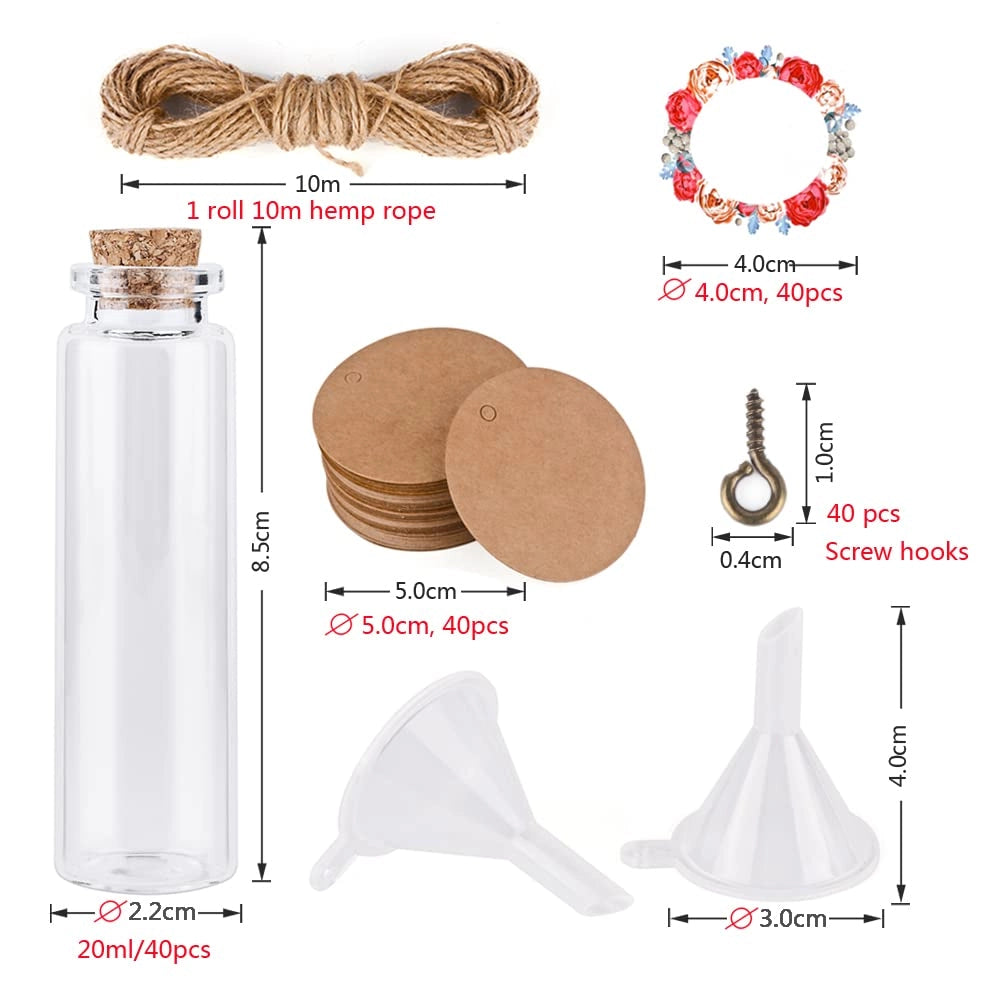 Zestaw 40 buteleczek szklanych 20ml z korkiem, akcesoriami i etykietami