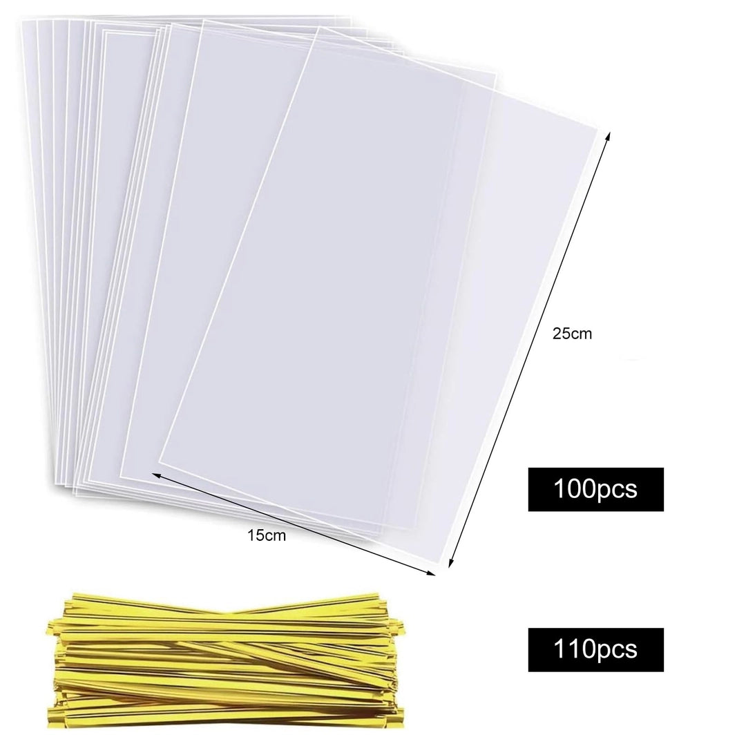 Foliowe woreczki celofanowe 15x25 cm 100 szt. + 110 złotych tasiemek do pakowania Główne zdjęcie produktu