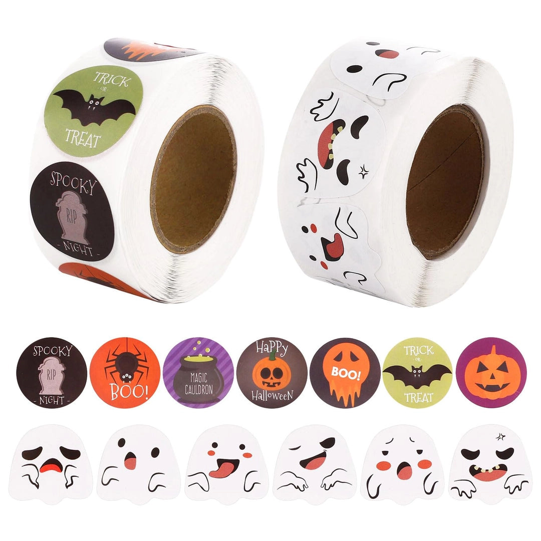 Naklejki Halloween 1000 szt. – 18 wzorów duchy dynie nietoperze BOO