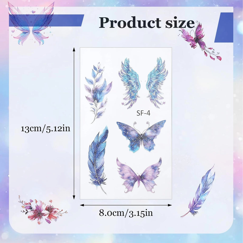 Tatuaże zmywalne zestaw 6 arkuszy tatuaży delikatne motyle skrzydła brokatowe dla dziewczynek