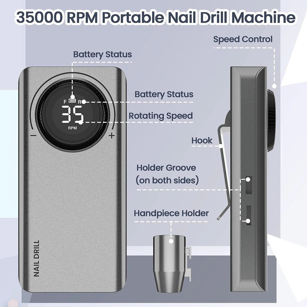 Frezarka do paznokci Nail Master 35000 RPM – bezprzewodowa, LCD i frezy Szara