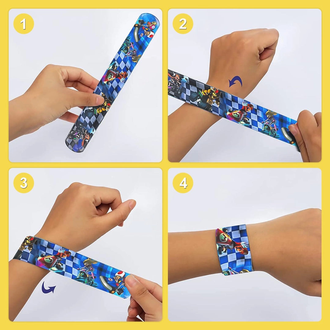 Zestaw bransoletek slap i tatuaży wodnych Mario – 12 opasek +4 arkusze tatuaży