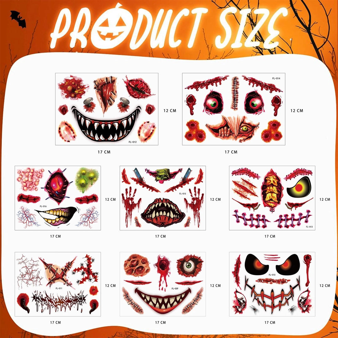 Zestaw 8 arkuszy naklejek tatuaży Halloween – przerażające rany i twarze Straszne wzory na twarz i ciało – idealne na Halloween, imprezy i psikusy! Drugie zdjęcie produktu