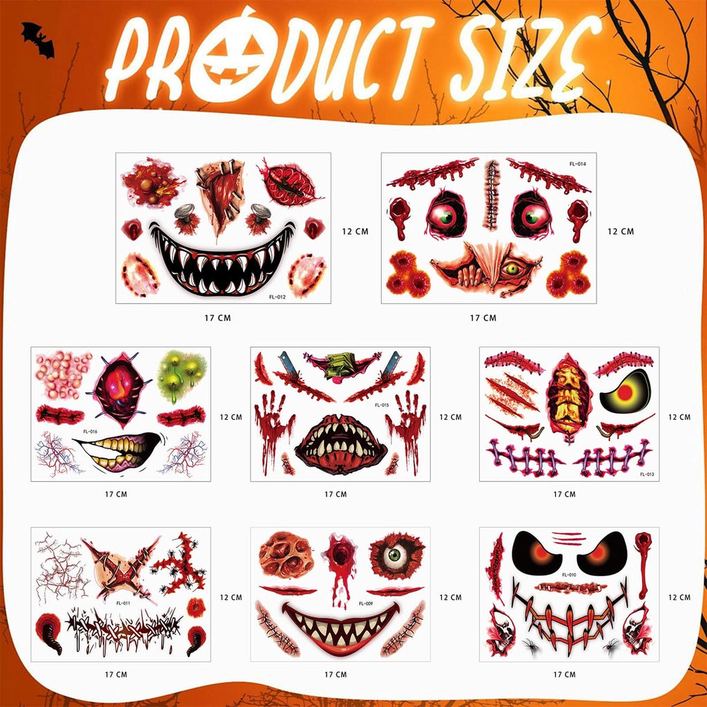 Zestaw 8 arkuszy naklejek tatuaży Halloween – przerażające rany i twarze Straszne wzory na twarz i ciało – idealne na Halloween, imprezy i psikusy!