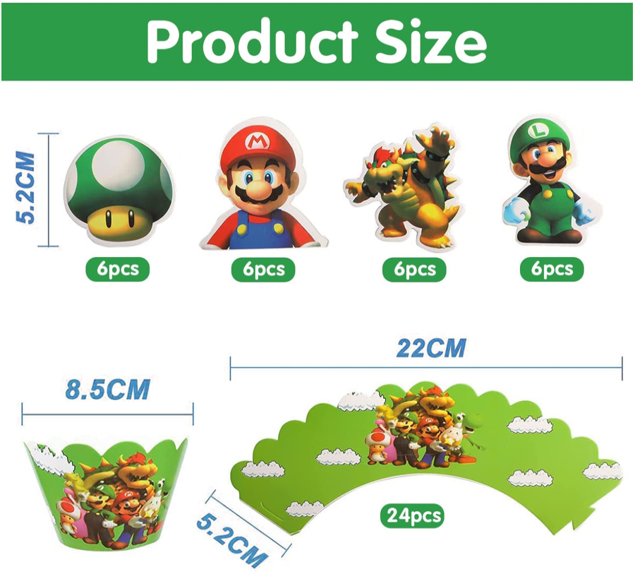 Ozdoby Na Babeczki Super Mario Topery na Urodzinowe Muffinki Komplet na 24 sztuki
