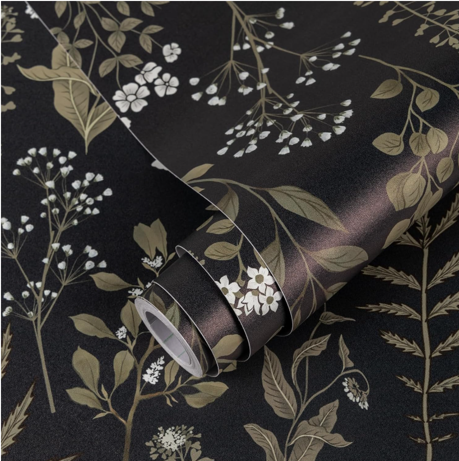 Tapeta Okleina Meblowa samoprzylepna 44,5 x 300 cm Ciemna Retro Kwiaty Liście