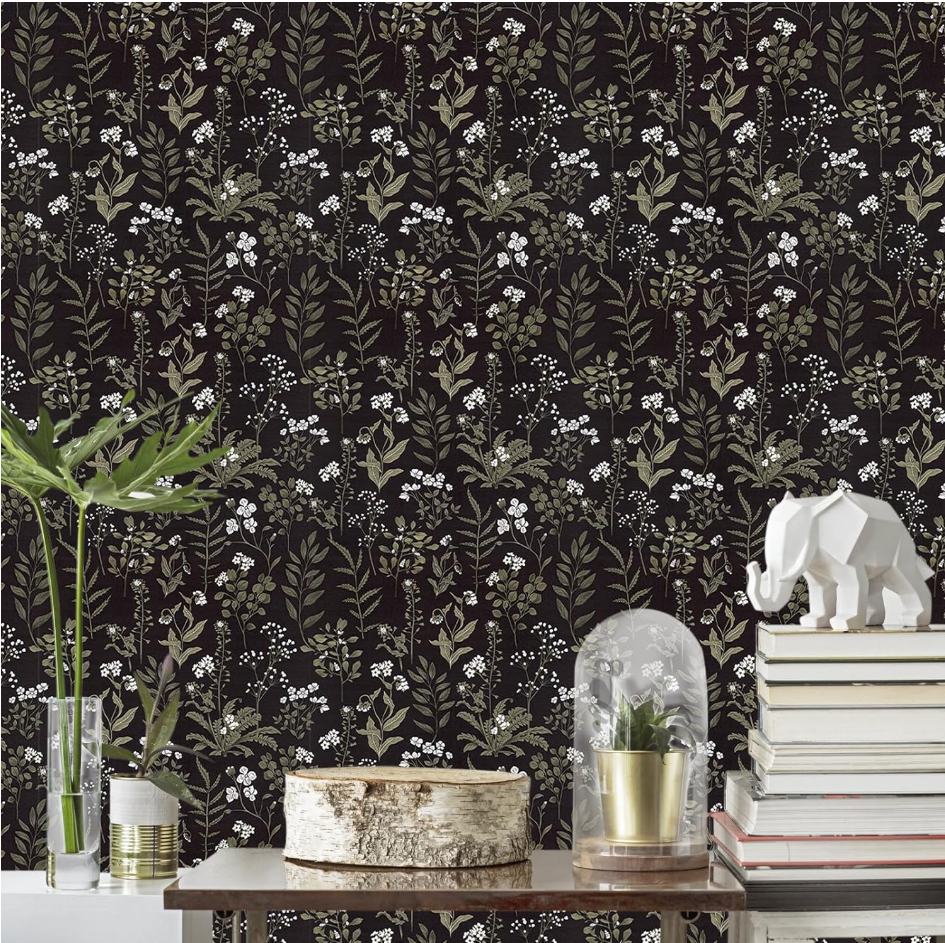 Tapeta Okleina Meblowa samoprzylepna 44,5 x 300 cm Ciemna Retro Kwiaty Liście