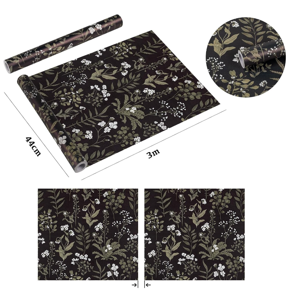 Tapeta Okleina Meblowa samoprzylepna 44,5 x 300 cm Ciemna Retro Kwiaty Liście Drugie zdjęcie produktu