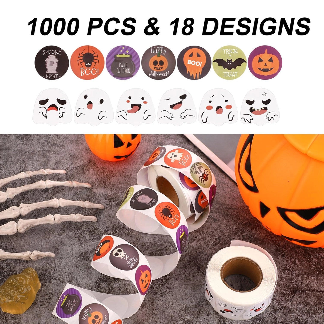 Naklejki Halloween 1000 szt. – 18 wzorów duchy dynie nietoperze BOO