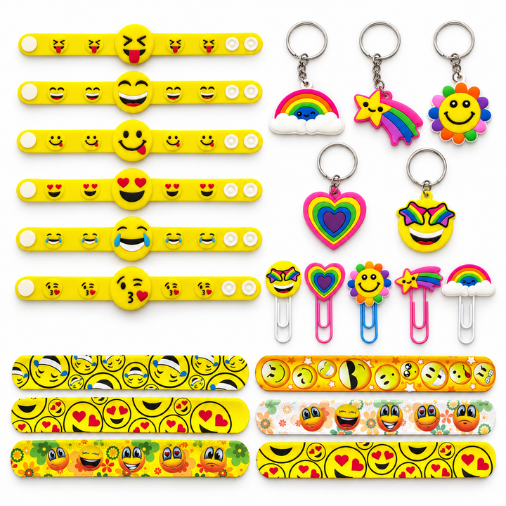 Zestaw Upominkowy Emoji dla Dzieci – 22 Akcesoria: Bransoletki, Breloki, Klipsy