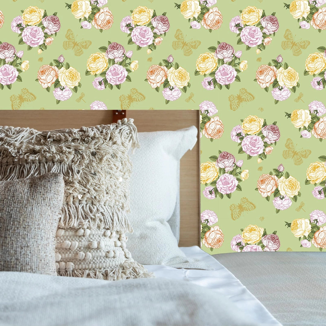 Tapeta i naklejka meblowa zielone tło róże vintage motyle samoprzylepna 40 x 600 cm