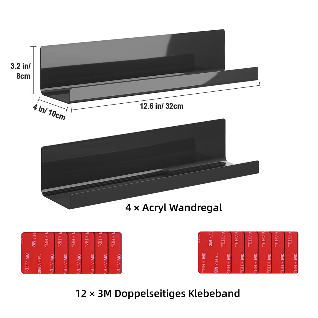 Zestaw 4 półki ścienne czarne akrylowe 32cm nowoczesne wiszące do łazienki biura