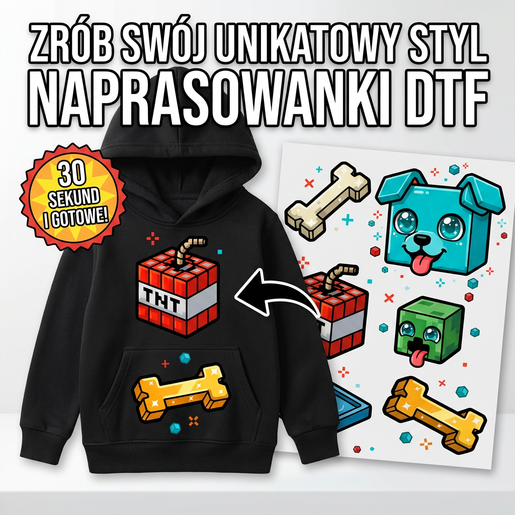 Naprasowanki, Naplamki Łatki Termo DTF Na Ubrania Zestaw Dla Dzieci Arkusz A4 Minecraft Piesek