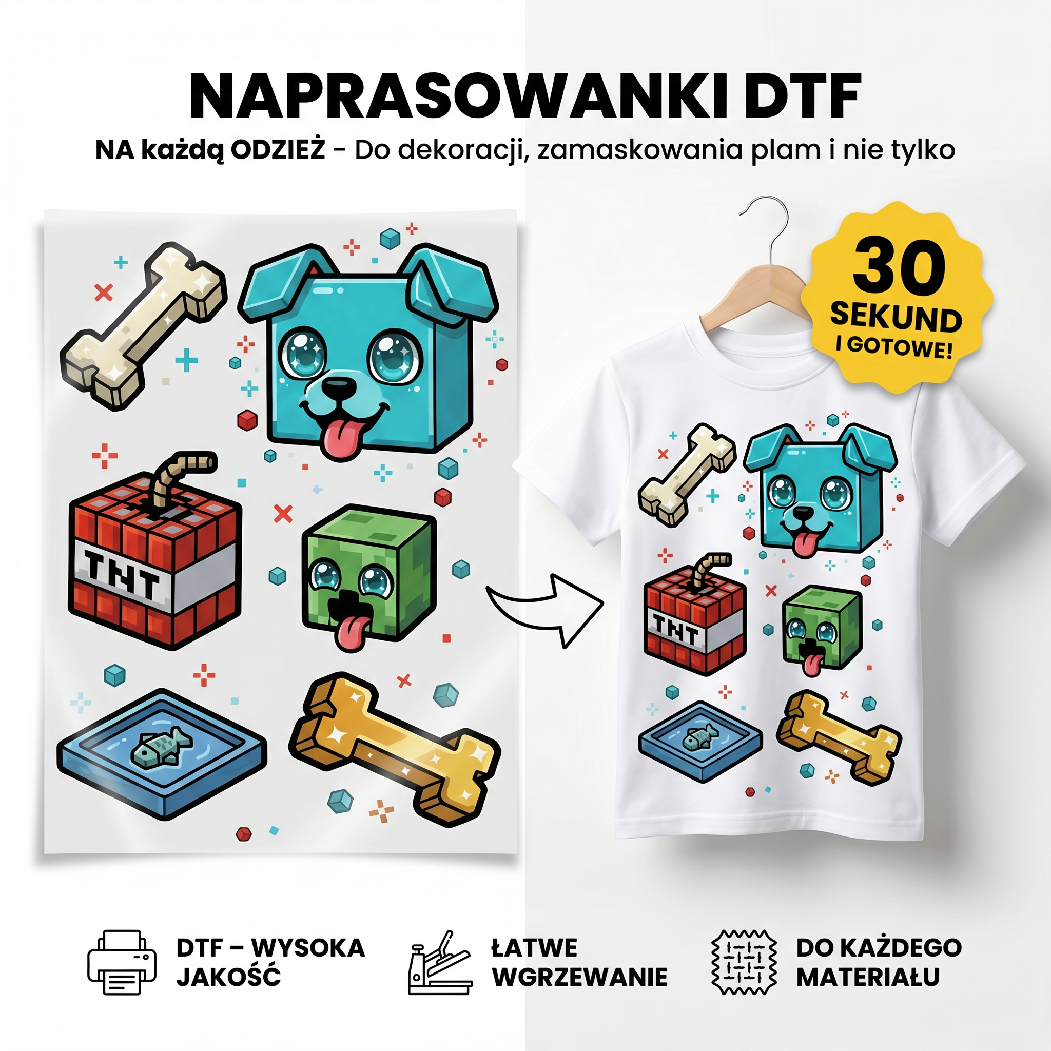 Naprasowanki, Naplamki Łatki Termo DTF Na Ubrania Zestaw Dla Dzieci Arkusz A4 Minecraft Piesek Drugie zdjęcie produktu