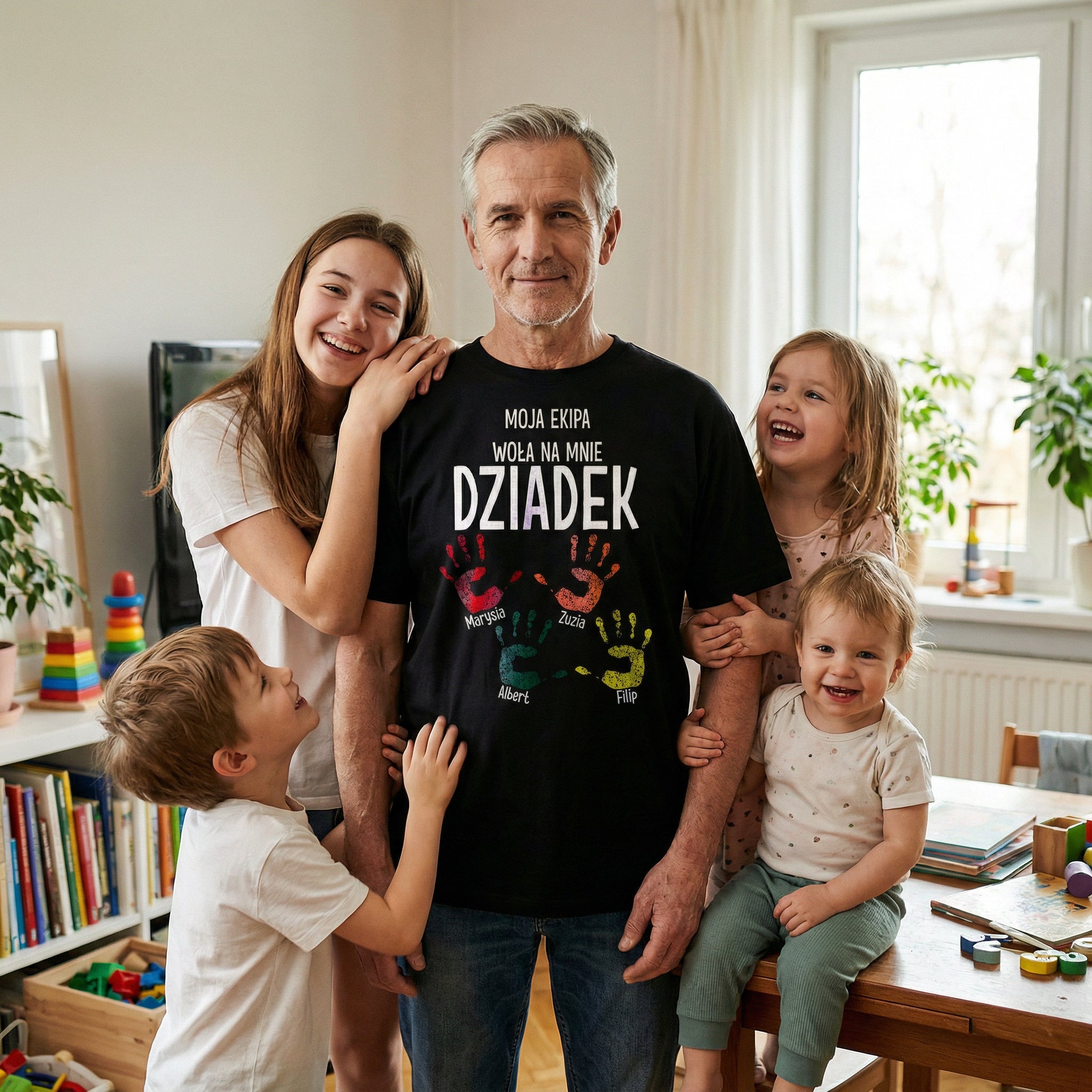 Koszulka Męska T-Shirt - Ekipa Dziadka z imionami wnuków - Czarna lub Biała- DZI03
