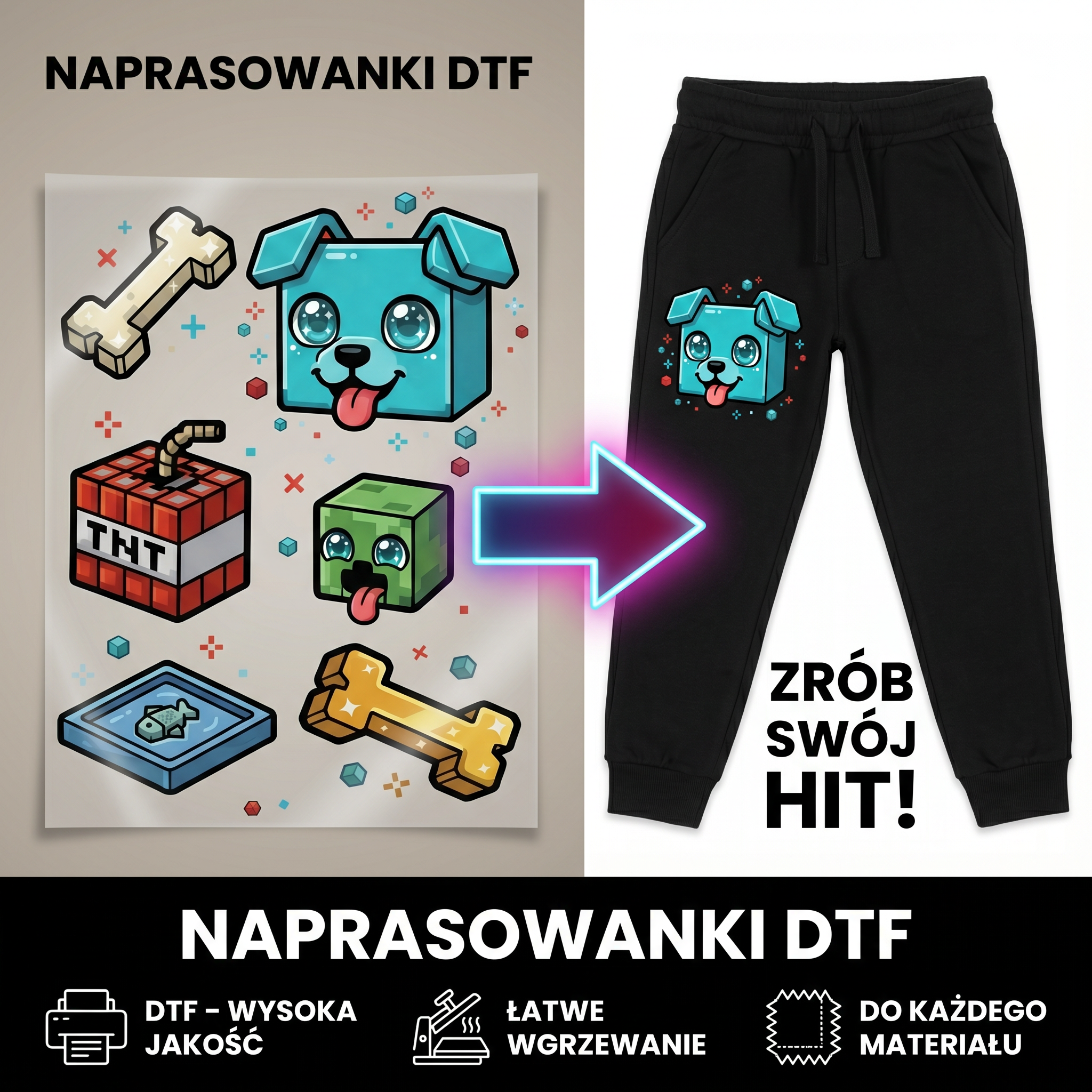 Naprasowanki, Naplamki Łatki Termo DTF Na Ubrania Zestaw Dla Dzieci Arkusz A4 Minecraft Piesek