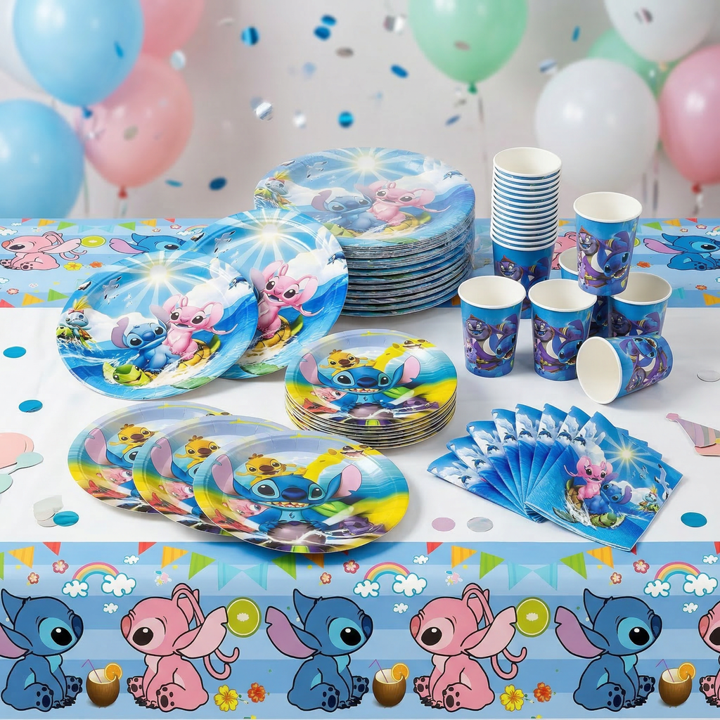 Zastawa Jednorazowa Imprezowa Urodzinowa Stitch Komplet Zestaw Talerzy Kubków 20 gości
