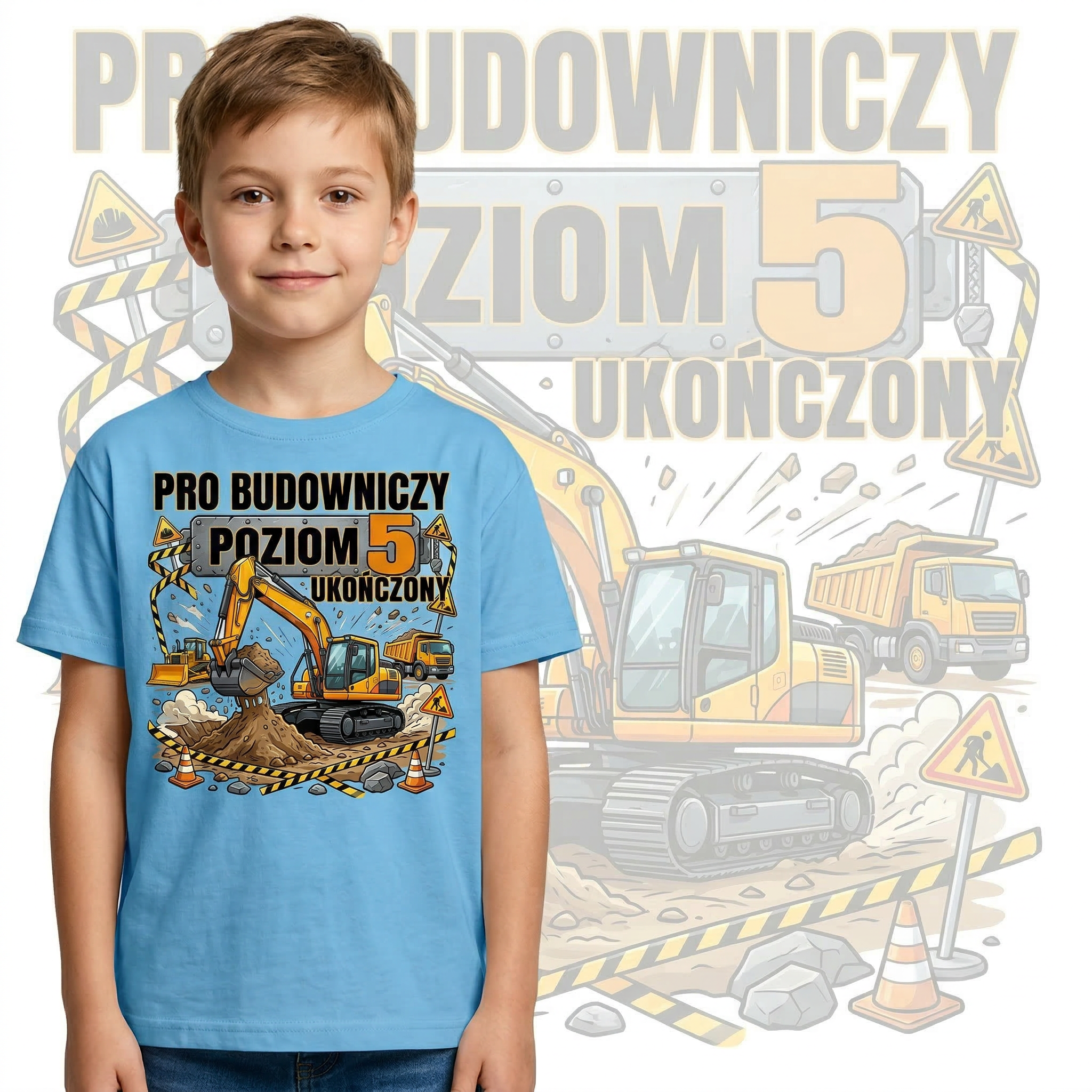 Koszulka Dziecięca Budowniczy Koparki Budowa Personalizowana Cyfrą Na Urodziny