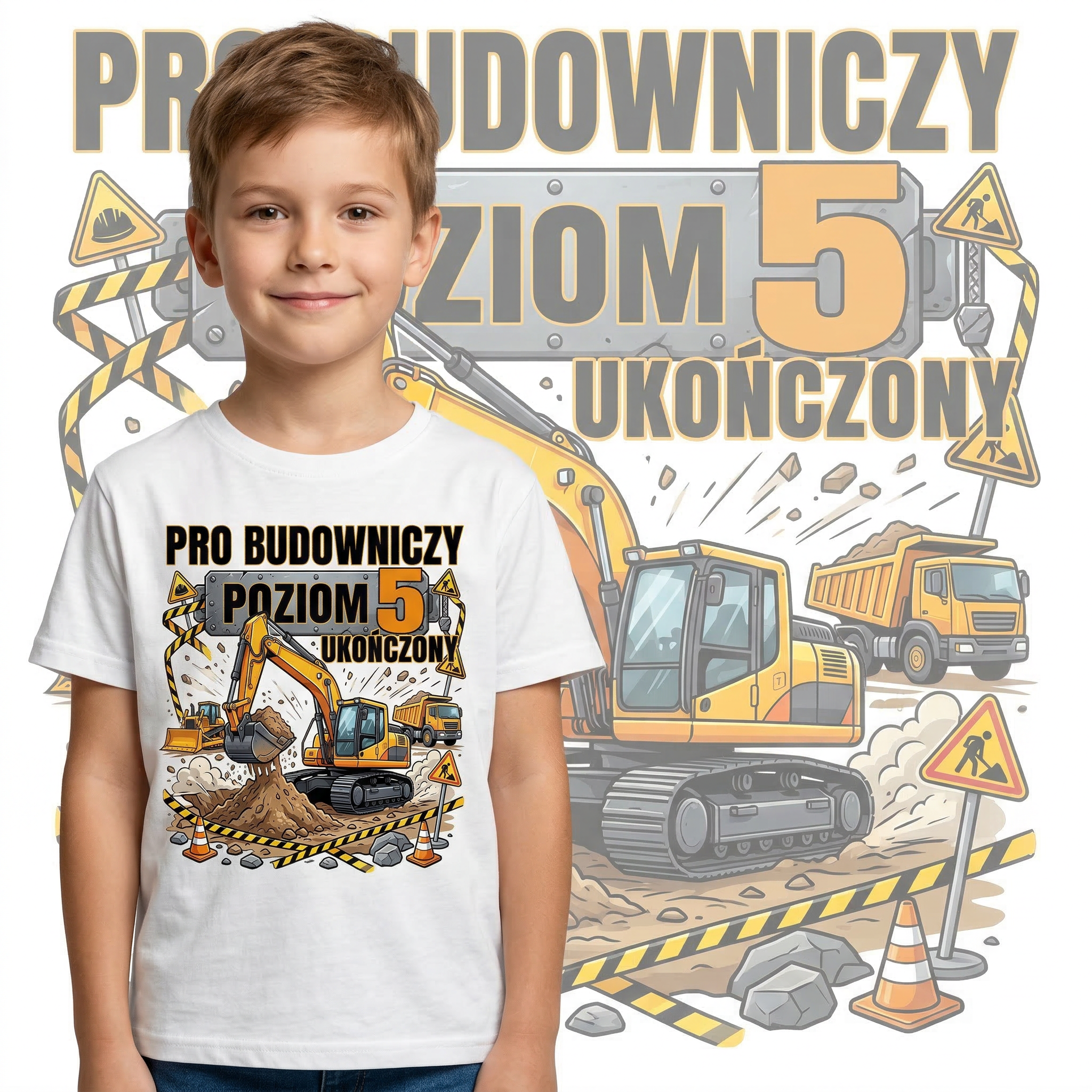 Koszulka Dziecięca Budowniczy Koparki Budowa Personalizowana Cyfrą Na Urodziny