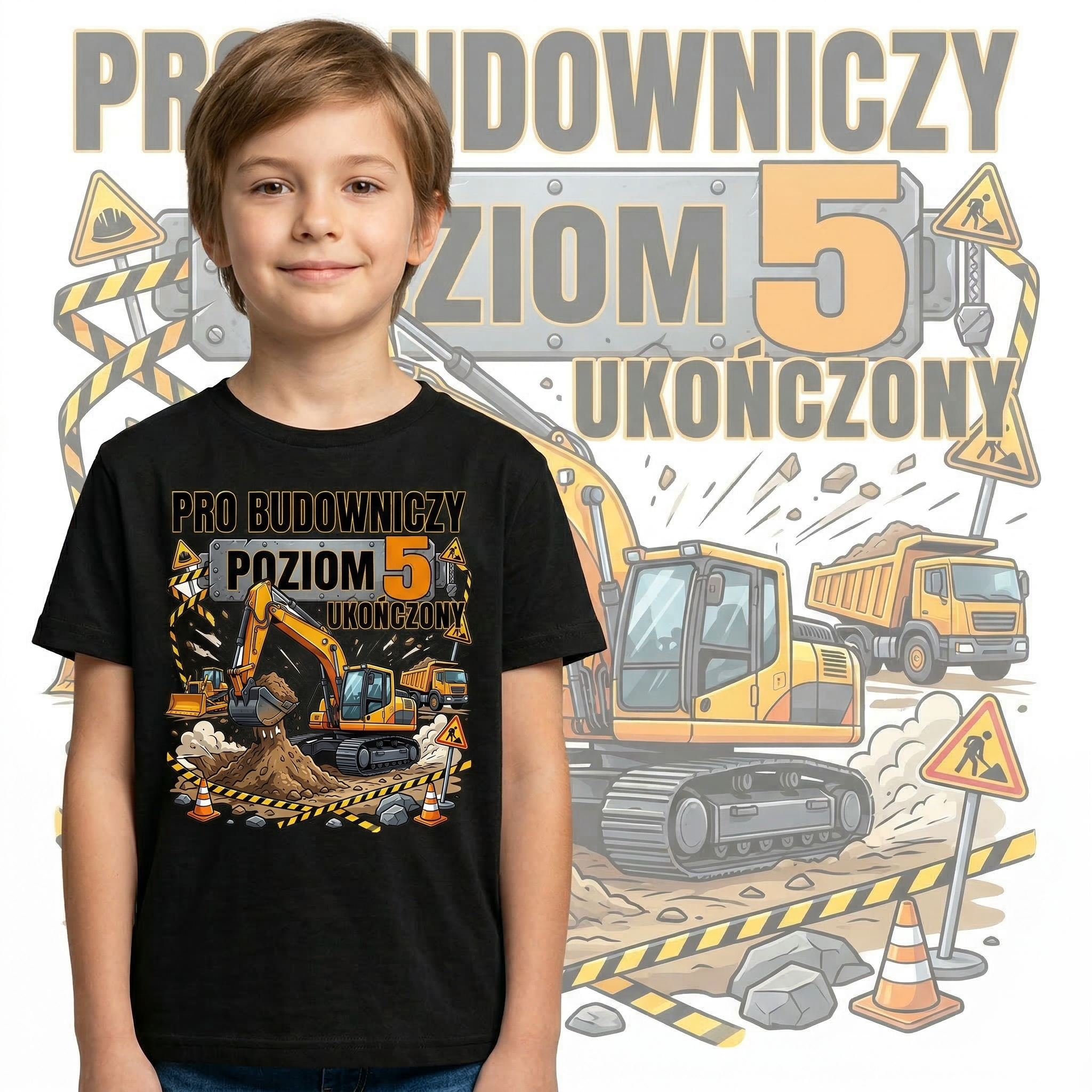 Koszulka Dziecięca Budowniczy Koparki Budowa Personalizowana Cyfrą Na Urodziny