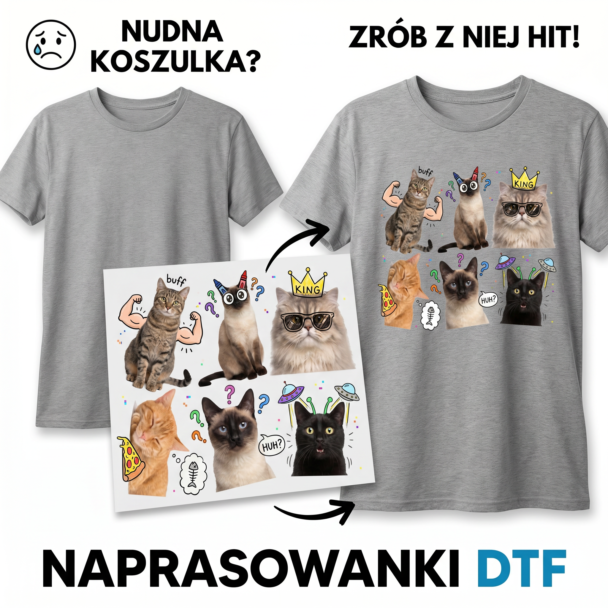 Naprasowanki, Naplamki Łatki Termo DTF Na Ubrania Zestaw Dla Dzieci Arkusz A4 A3 Koty Memy Drugie zdjęcie produktu