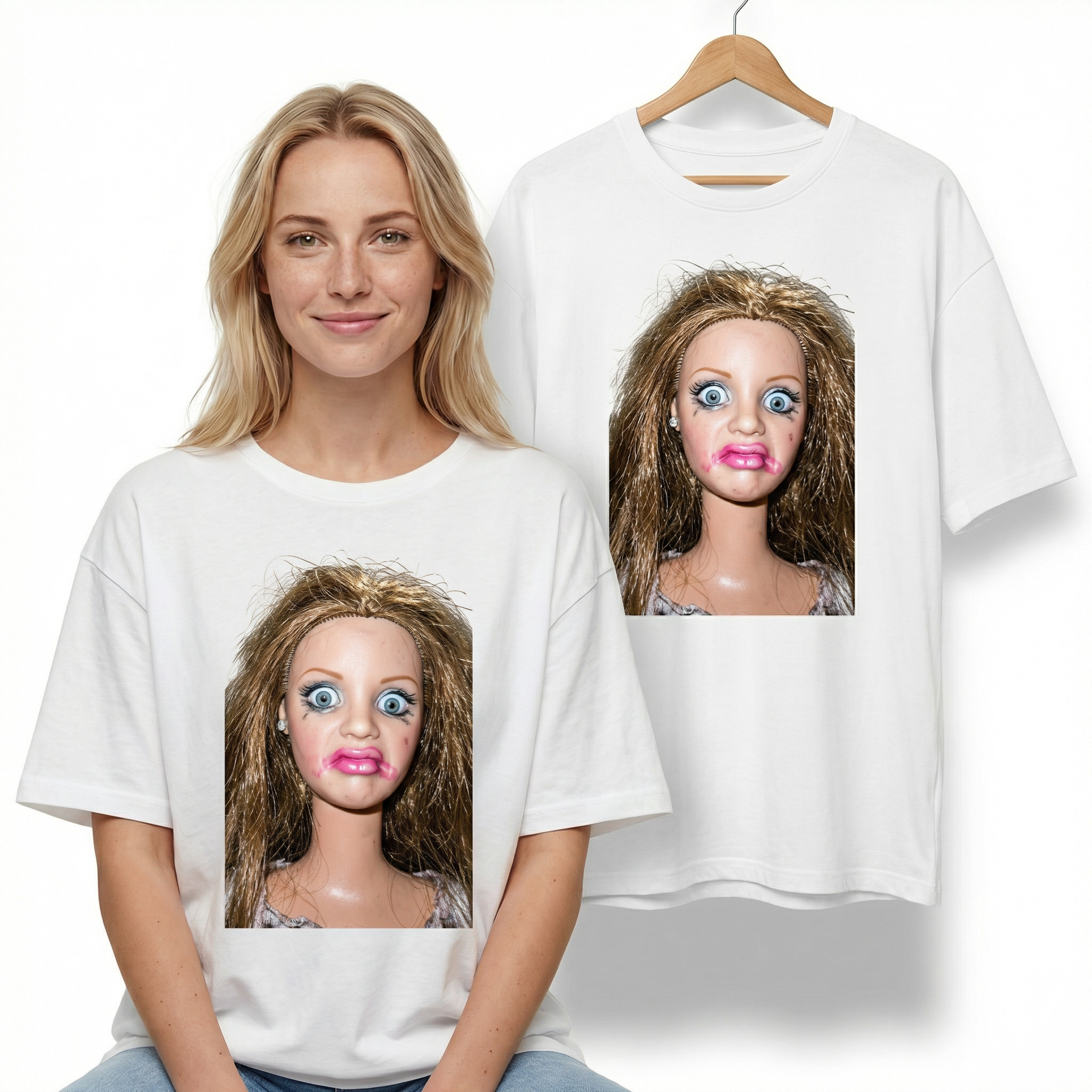 Koszulka Damska Męska Śmieszna MEME DISGUSTED DOLL FACE T-Shirt Oversize Biała Czarna Główne zdjęcie produktu
