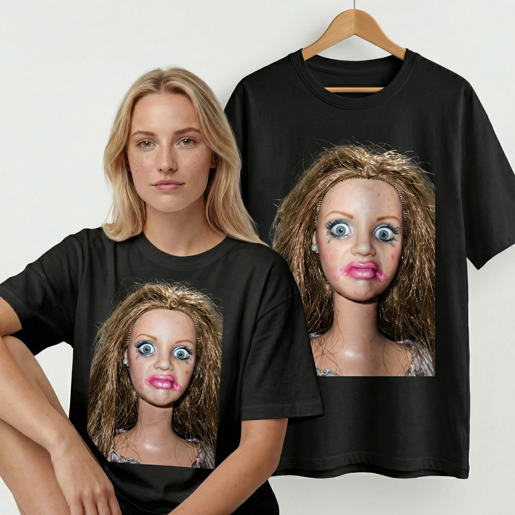 Koszulka Damska Męska Śmieszna MEME DISGUSTED DOLL FACE T-Shirt Oversize Biała Czarna Drugie zdjęcie produktu