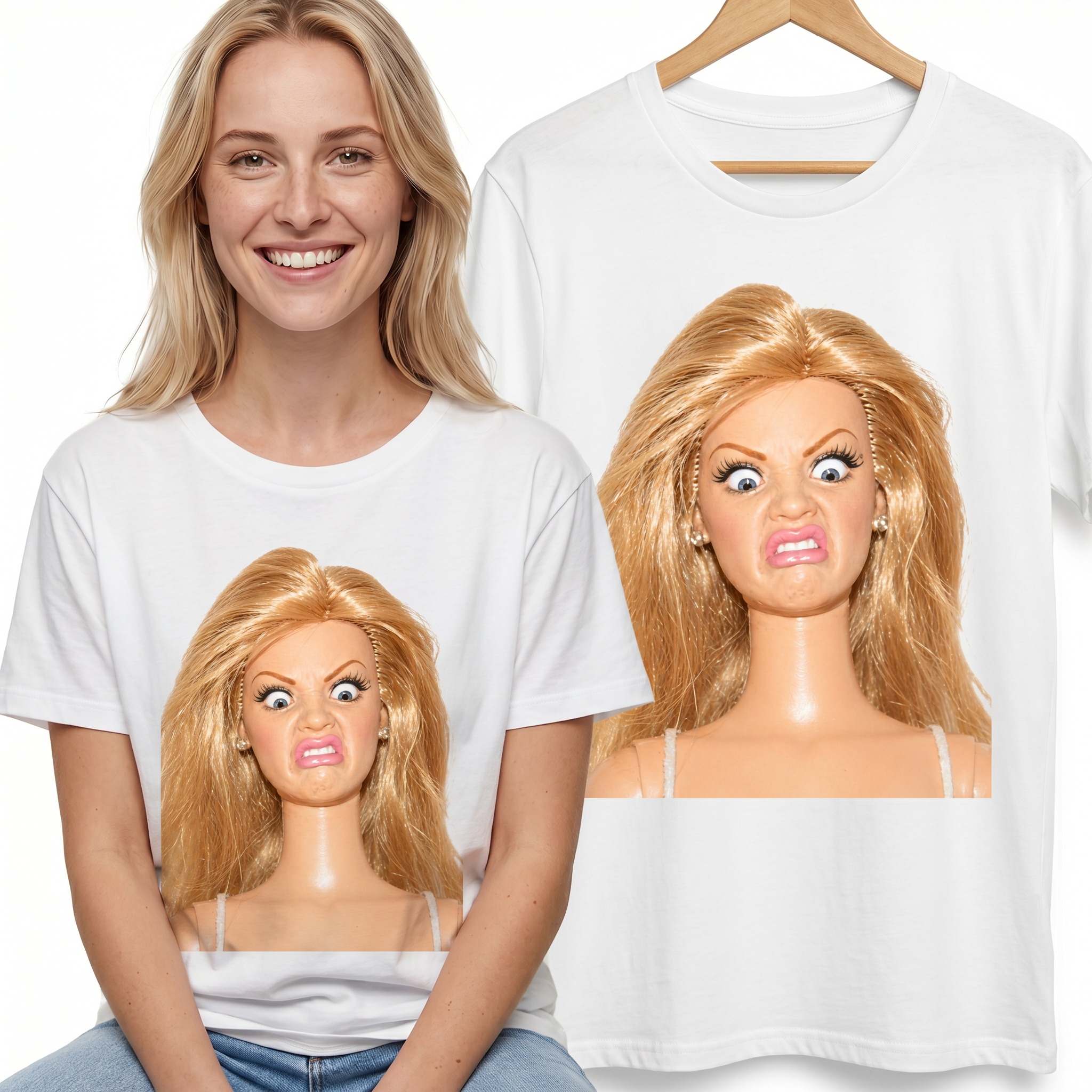 Koszulka Damska Męska Śmieszna MEME DISGUSTED DOLL FACE Zniesmaczona Blondynka T-Shirt Klasyczny