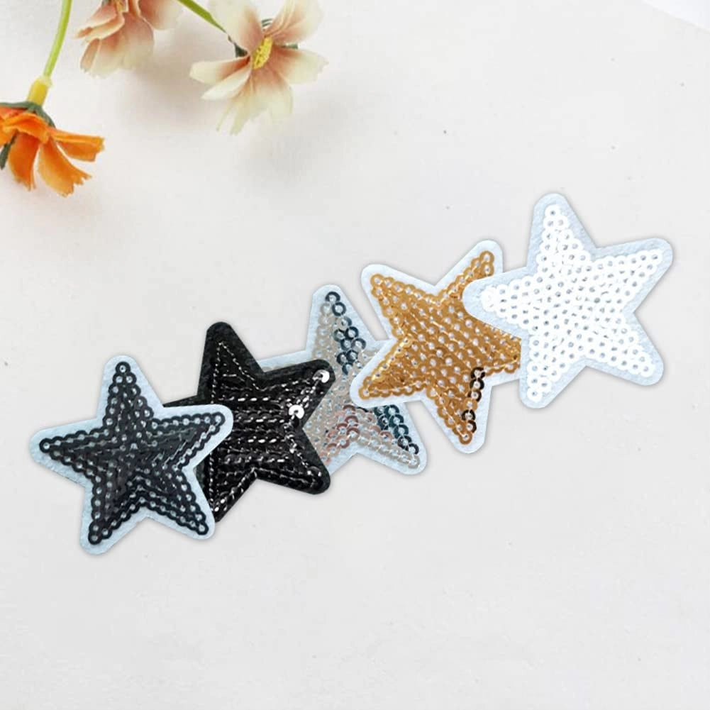 Naszywki termiczne serca i gwiazdki z cekinami – 12 sztuk, złote srebrne łatki DIY