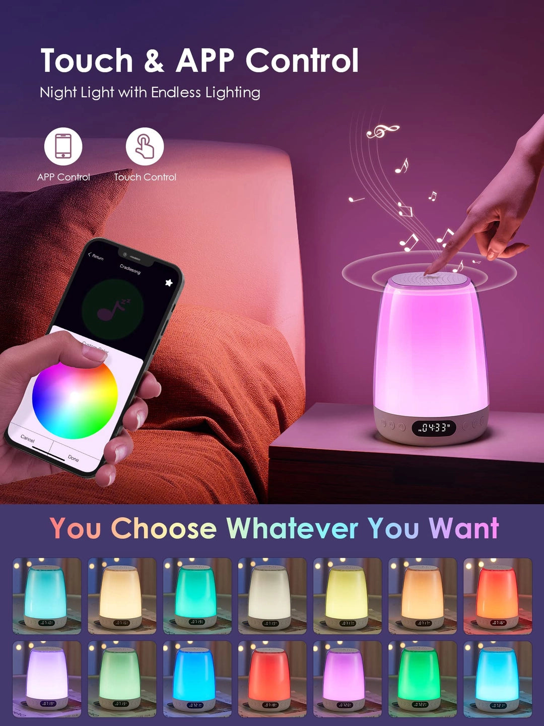 Dotykowa Lampka Nocna LED Głośnikiem Ściemnialna - Bezprzewodowa - Biały Szum Drugie zdjęcie produktu