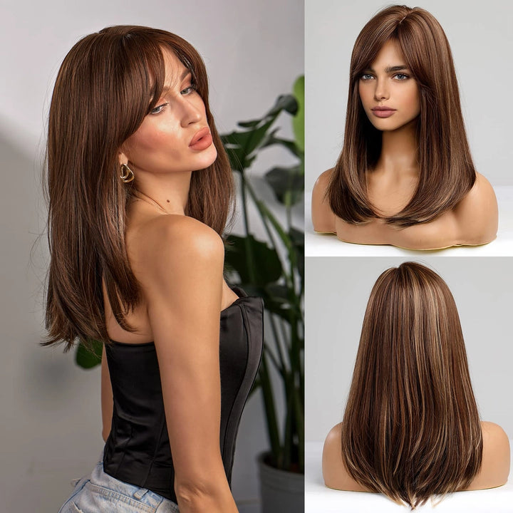Peruka damska brązowa prosta z grzywką 55 cm naturalny efekt ombre