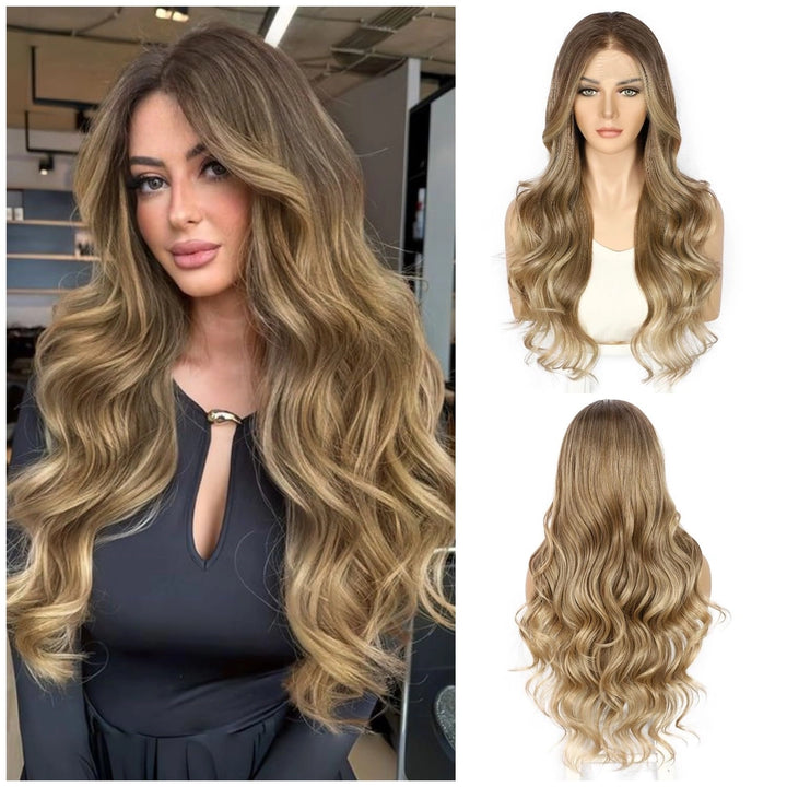 Długa peruka fale ombre blond brąz naturalna koronka lace front 60 cm