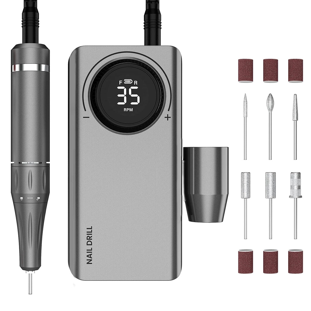 Frezarka do paznokci Nail Master 35000 RPM – bezprzewodowa, LCD i frezy Szara