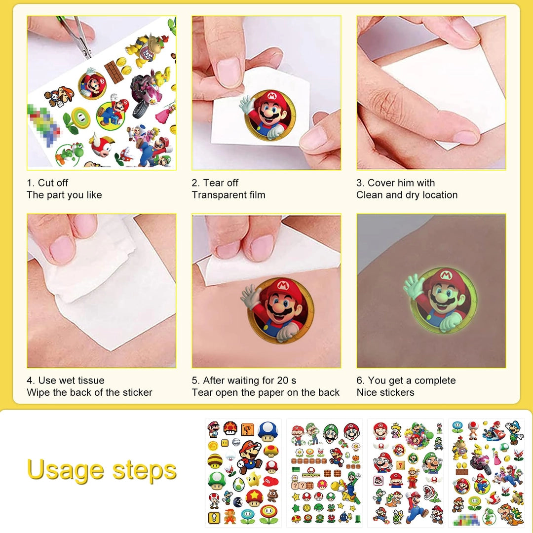 Zestaw bransoletek slap i tatuaży wodnych Mario – 12 opasek +4 arkusze tatuaży