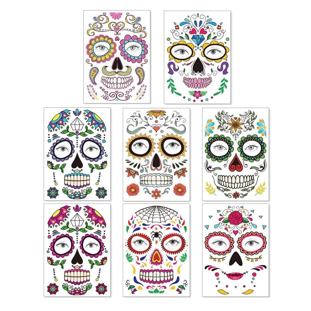 Naklejki na twarz Halloween Cukrowa Czaszka zestaw 9 arkuszy Día de los Muertos