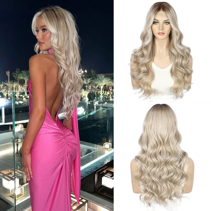 Peruka blond fale długie 55 cm lace front syntetyczna naturalny wygląd