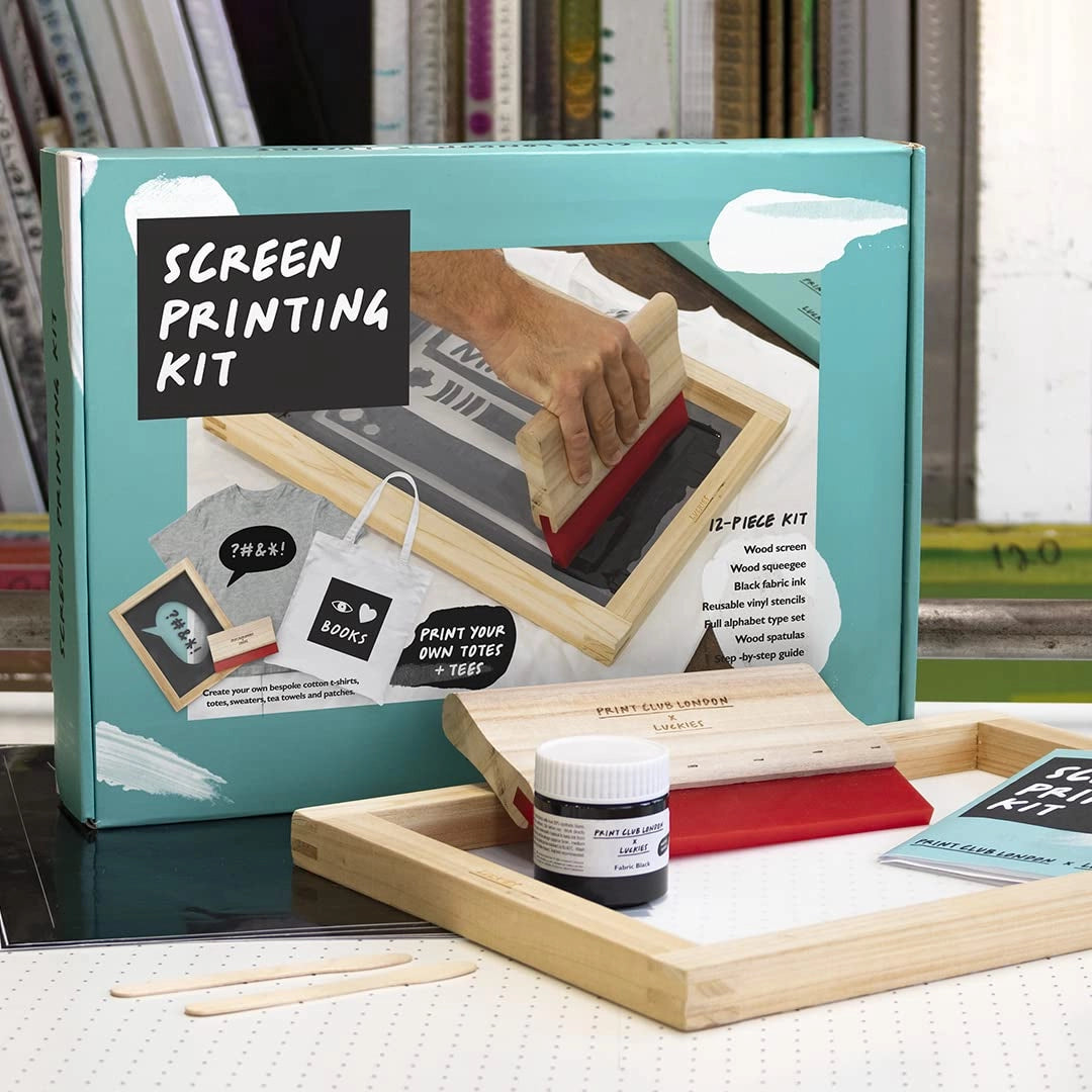 Domowy Zestaw do sitodruku DIY z ramką farbą i szablonami alfabetu i grafik Luckies of London