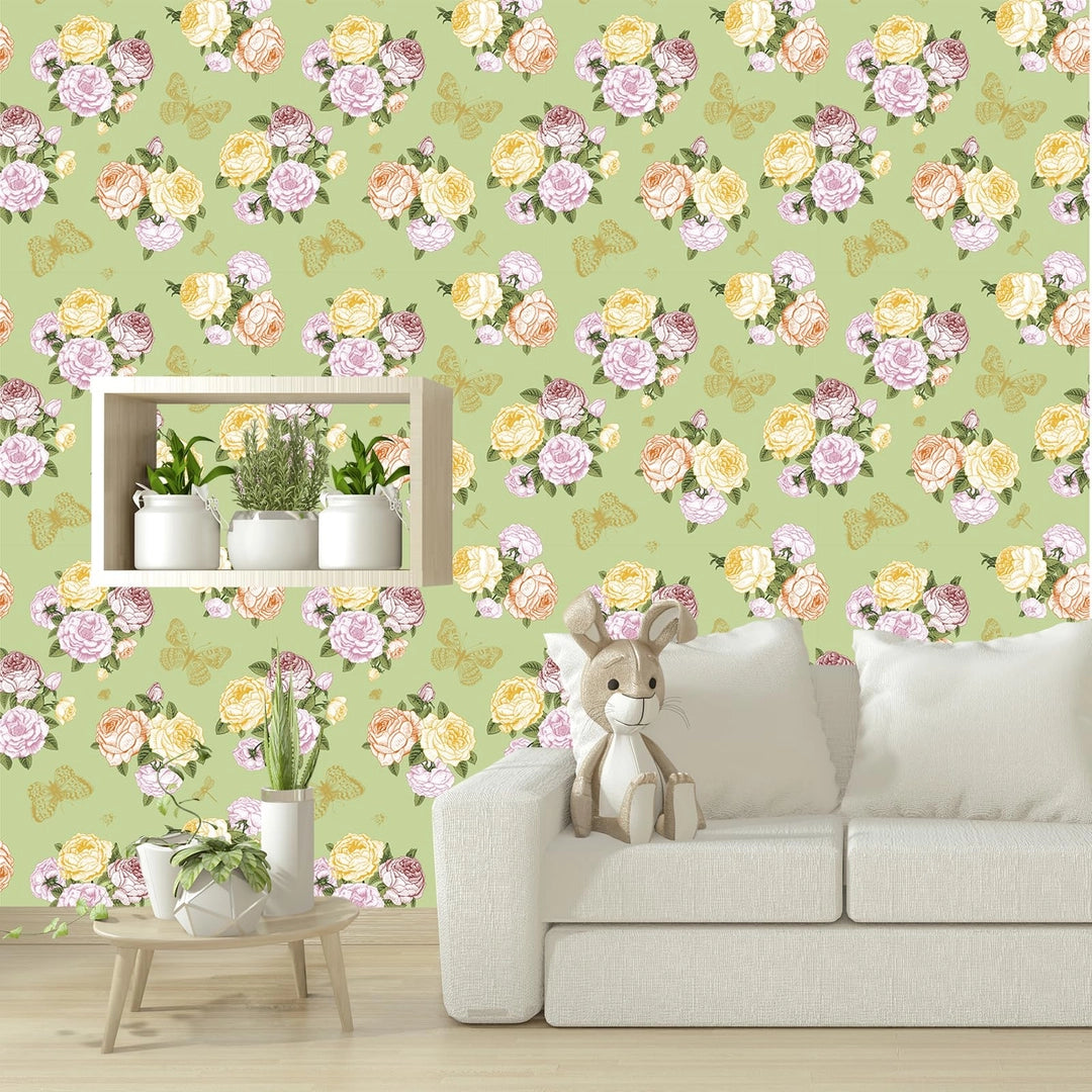 Tapeta i naklejka meblowa zielone tło róże vintage motyle samoprzylepna 40 x 600 cm