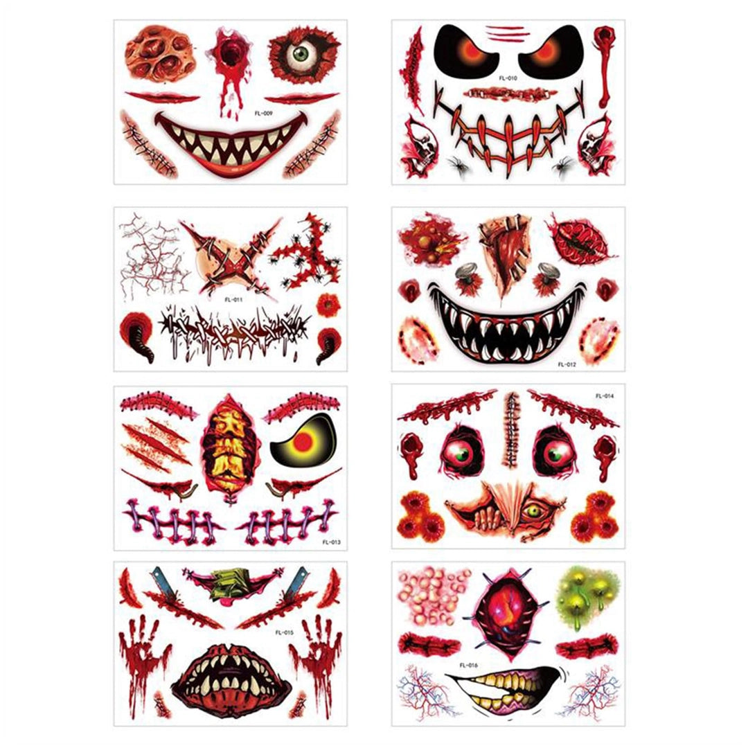 Zestaw 8 arkuszy naklejek tatuaży Halloween – przerażające rany i twarze Straszne wzory na twarz i ciało – idealne na Halloween, imprezy i psikusy! Główne zdjęcie produktu