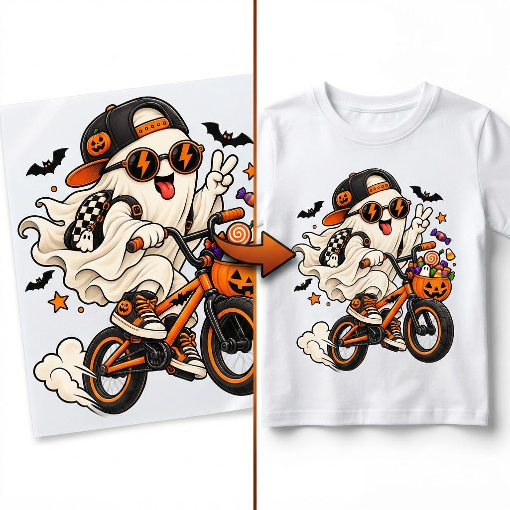 22NA Naprasowanka DTF A4 – Duch na BMX | Śmieszne Halloween
